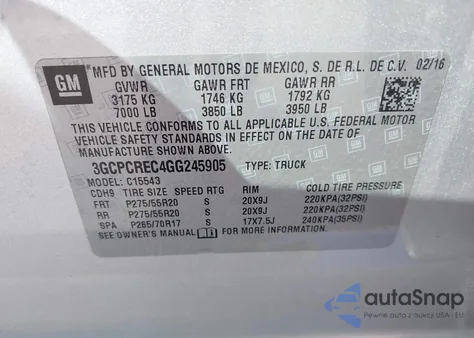 2016 Chevrolet Silverado 1500 1Lt z USA, uszkodzony, nr VIN 3GCPCREC4GG245905